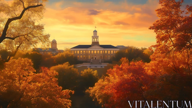 Golden-hour campus hall framed by glowing autumn trees.