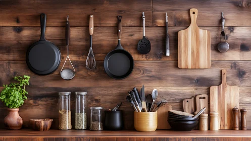 Rustic wooden kitchen wall organizes cookware and utensils.