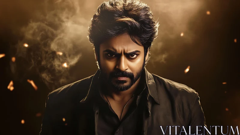 Brooding hero emerges from ember-lit haze with fierce resolve.