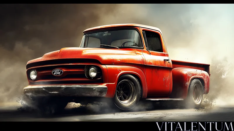 Vintage red pickup truck powers through swirling desert dust