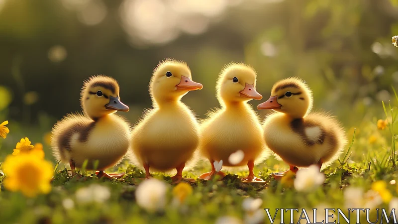 Four fluffy ducklings explore a sunlit spring meadow together