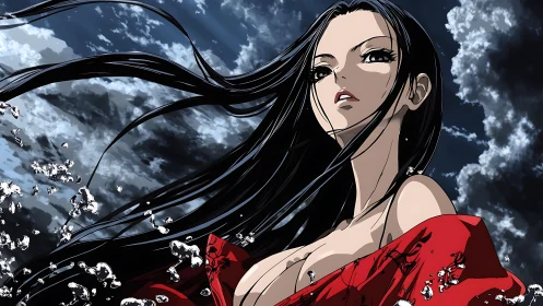 Storm-kissed anime siren rises beneath a restless sky.