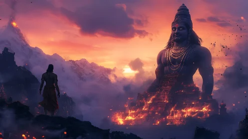 Colossal mountain deity above burning stepped temple.