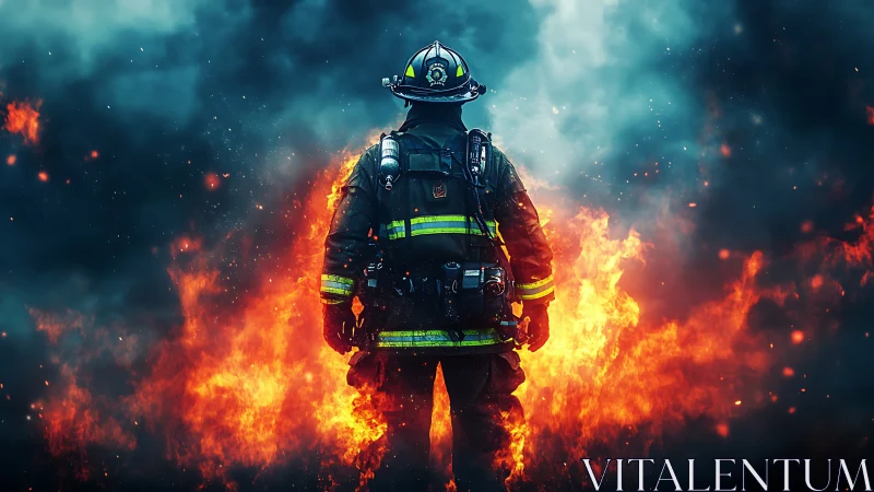 Firefighter in Protective Gear Amid Intense Flame Environment.