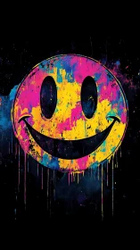 Neon smiley graffiti drips color against a dark urban void
