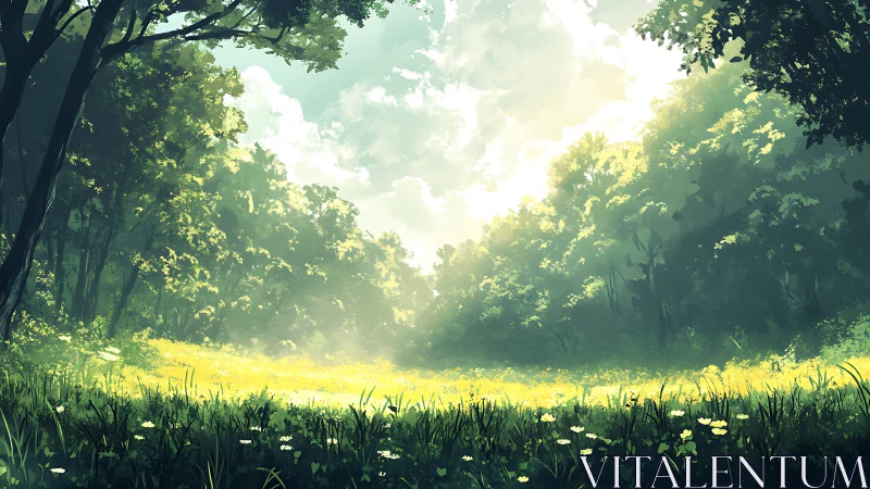 Sunlit Forest Clearing with Canopy Backlighting and Wildflower Meadow