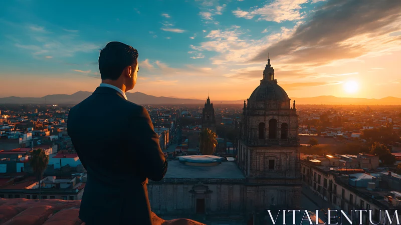 Photorealistic cityscape with suited figure at sunset vantage.