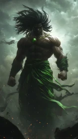 Stormlit titan with green energy focus dominates turbulent sky