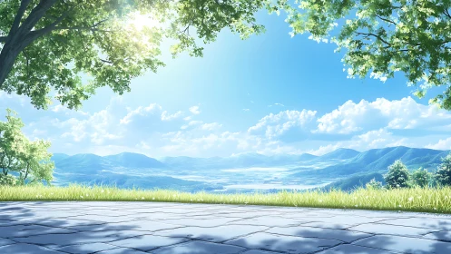 Sunny hilltop terrace overlooking blue valley and mountains.