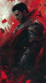 Brooding armored warrior in red and black swirling chaos.