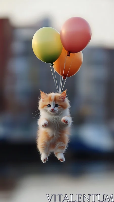Kitten Floating with Colorful Balloons Against Urban Skyline
