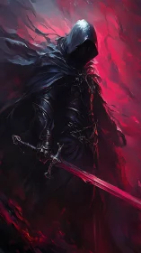 Spectral swordsman in crimson energy vortex, cloaked and armored.