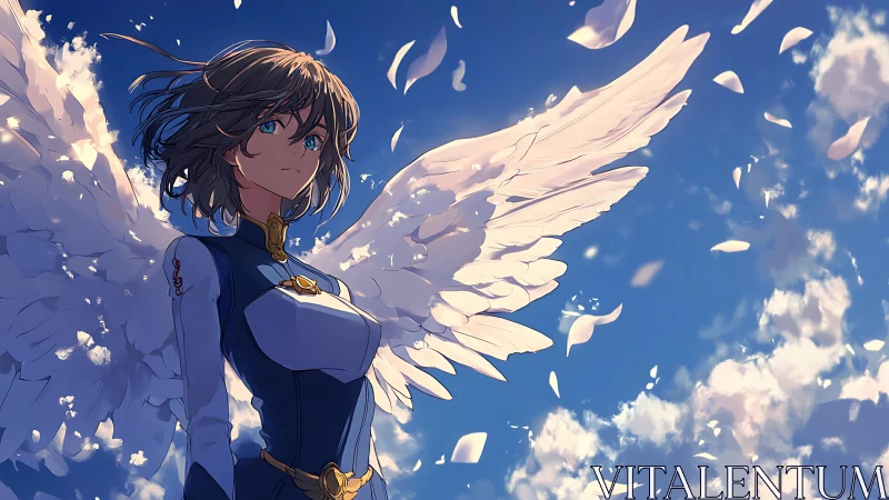 Winged anime guardian in dynamic sky-lit three-quarter portrait