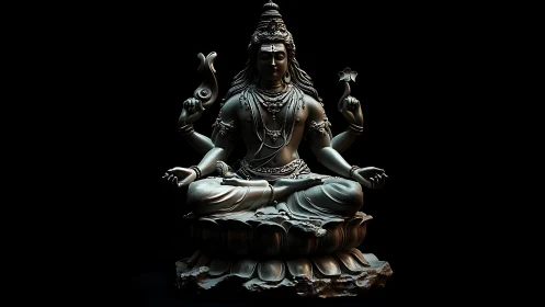 High-contrast 3D render of ornate multi-armed meditative deity statue