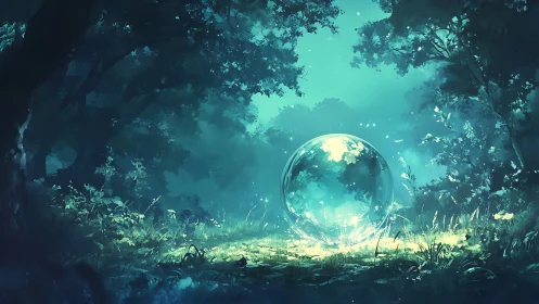 Enchanted glass sphere glows softly in a moonlit forest glade