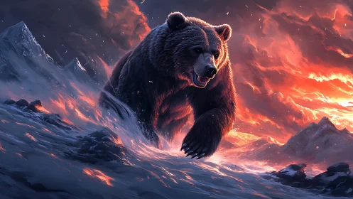 Stormstride bear charging through molten twilight peaks.