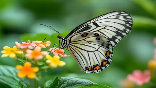 Macro capture of white-veined butterfly on lantana bloom cluster.