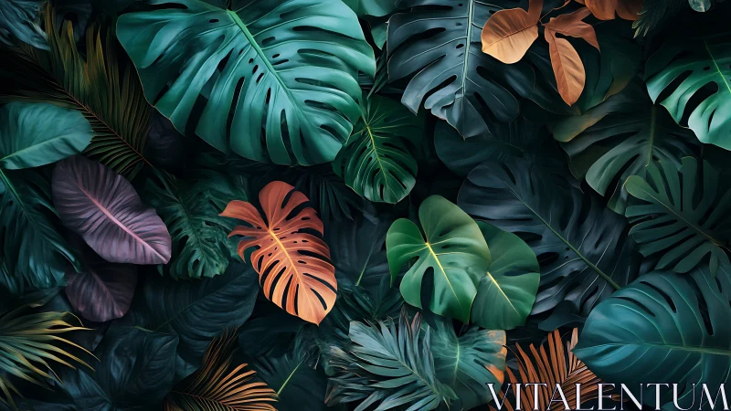Color graded monstera foliage with teal orange contrast lighting.