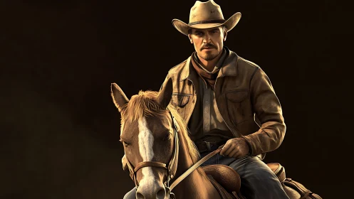 Cowboy on saddled horse in front-facing digital render.