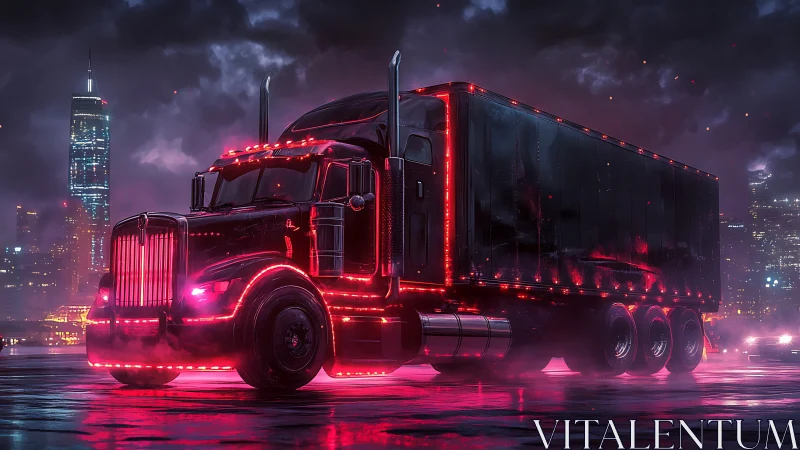 Neon-lit black semi truck on wet cyberpunk city street.