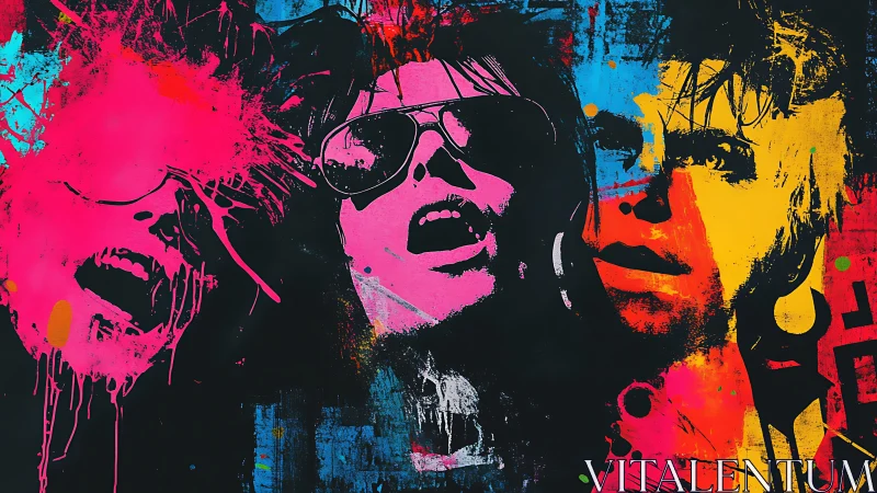 Neon triptych of expressive singers in splattered pop color.