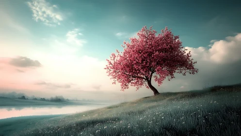Solitary blossom tree leans into a painted pastel sky