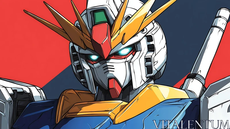 Mecha hero bust with glowing eyes on bold split backdrop.