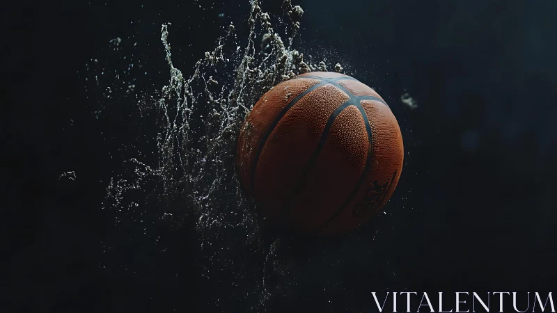 Basketball in midair with water splashes against dark background.