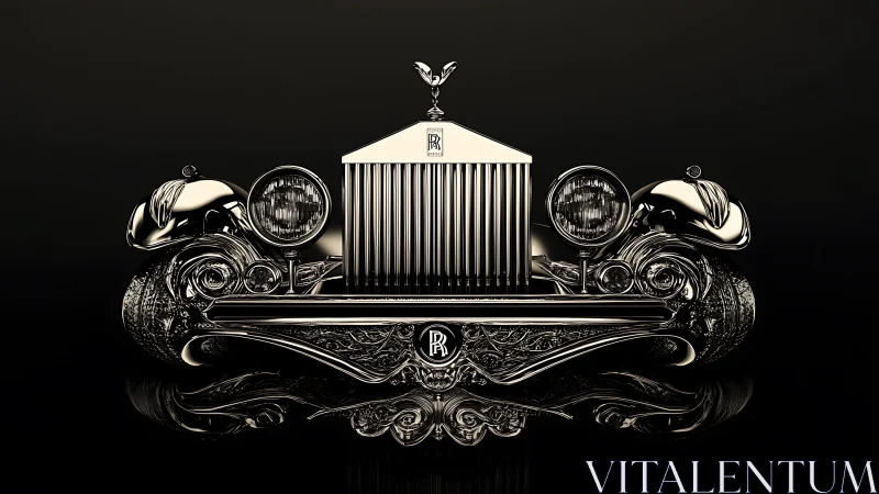 Ornate luxury car grille gleams against a deep black backdrop