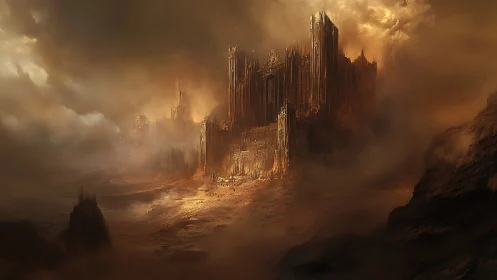 Storm-lit citadel of rusted spires holds the desert sky