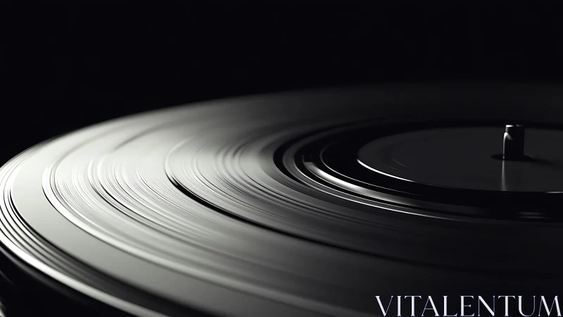 Vinyl record grooves under dramatic low key studio lighting.