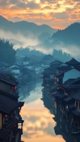 Misty canal town awakens beneath a glowing mountain sunrise.