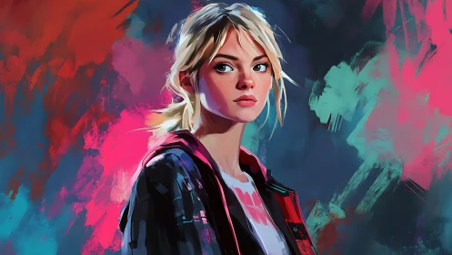 Portrait of a thoughtful girl in vivid neon colors.