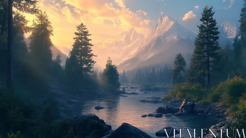 Golden sunrise over alpine river and misty evergreen forest