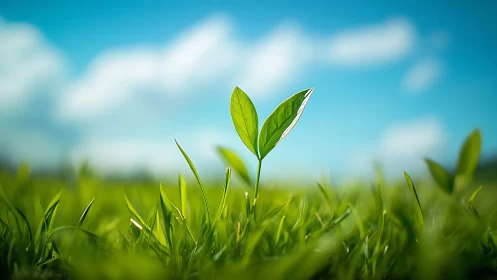 Fresh Green Seedling in Vibrant Grass with Blue Sky Background.