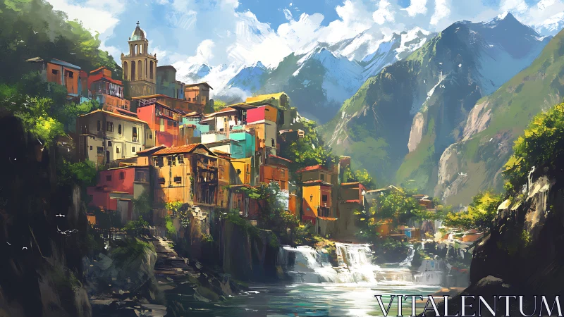 Terraced mountain village above sunlit cascading river painting.