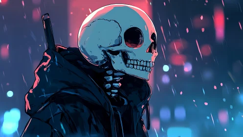 Neon-lit skull figure walks alone through rainy city night.