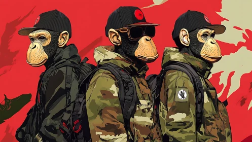 Three anthropomorphic apes stand in military streetwear gear