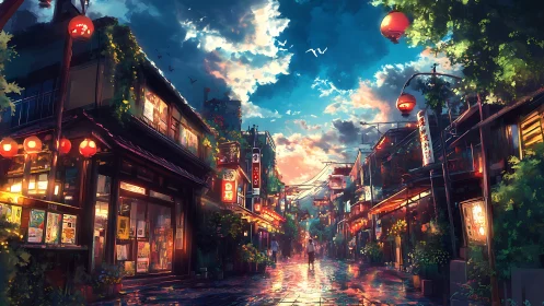 Rain-washed lantern street at sunset in digital painting.
