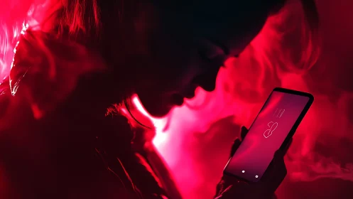 Red backlit silhouette with smartphone in vaporous haze.