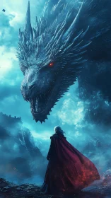 Brave wanderer meets a towering dragon in stormy blue mist.