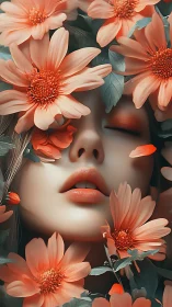 Serene woman’s face blooms amid vivid coral garden flowers