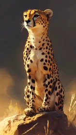 Cheetah sits on a sunlit rock under diffuse warm lighting