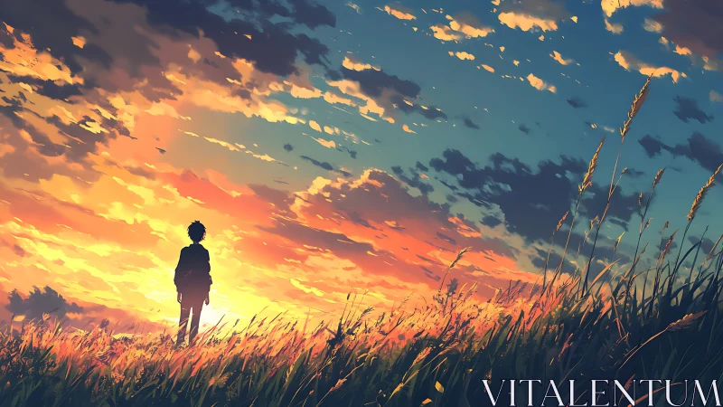 Lone dreamer bathing in wildfire sunset over windlit field.