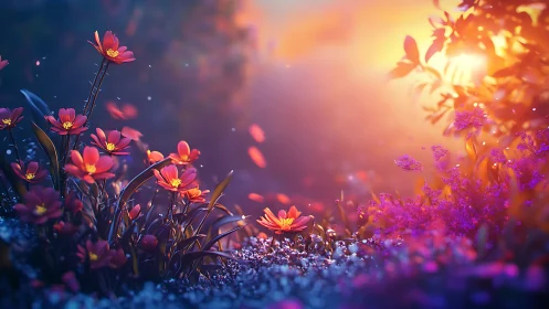 Luminous Flower Field at Golden Hour with Magical Light.