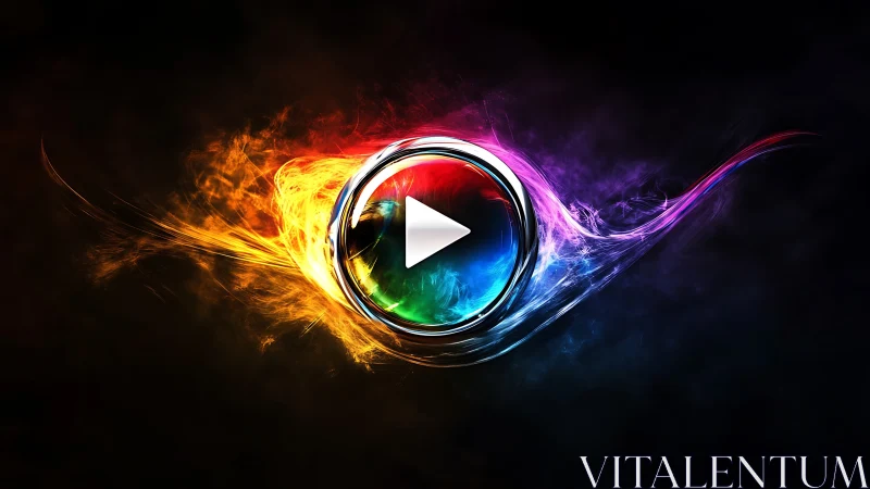 Glowing rainbow play button wrapped in swirling light.