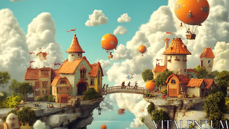 Floating village structures connect by bridge amid clouds