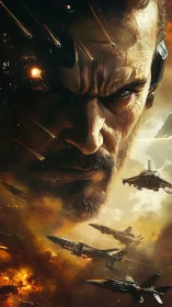 Cyborg commander portrait above burning orbital warzone.