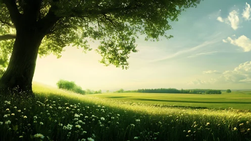 Sunlit meadow under a sheltering tree of gentle calm.