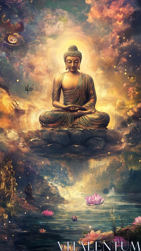 Buddha meditates above luminous lotus lake in cosmic serenity.